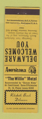 Matchbook Cover - Willin Motel Rehoboth Beach DE Perkins Americana YELLOW