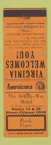 Matchbook Cover - Brandy Way Motel Brandy VA Perkins Americana ORANGE WEAR