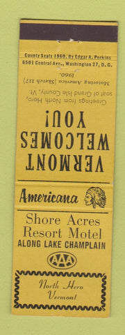 Matchbook Cover - Shore Acres Motel North Hero VT Perkins Americana YELLOW