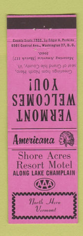 Matchbook Cover - Shore Acres Motel North Hero VT Perkins Americana PINK