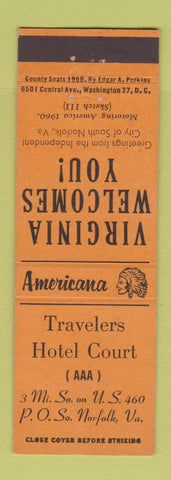 Matchbook Cover Travelers Hotel Court South Norfolk VA Perkins Americana ORANGE