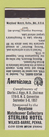 Matchbook Cover Keystone Match Club Wilkes Barre PA 1957 Perkins Americana WHITE