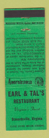 Matchbook Cover Earl Tal's Restaurant Standardsville VA Perkins Americana GREEN