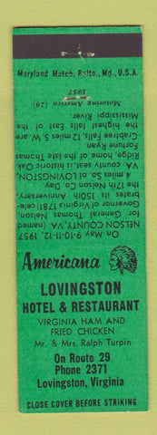 Matchbook Cover - Lovingston Hotel VA Perkins Americana GREEN