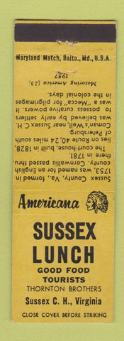 Matchbook Cover - Sussex Lunch Court House VA Perkins Americana YELLOW