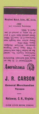 Matchbook Cover - JR Carson Texaco oil gas Nottoway CH VA Perkins Americana PINK
