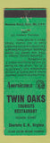 Matchbook Cover - Twin Oaks Charlotte CH VA Perkins Americana GREEN WEAR