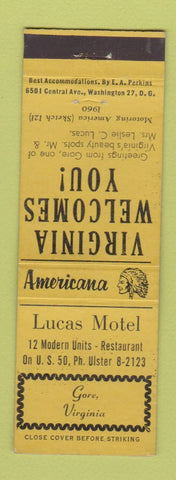 Matchbook Cover - Lucas Motel Gore VA Perkins Americana YELLOW