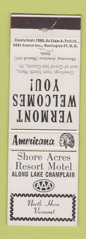 Matchbook Cover - Shore Acres Motel North Hero VT Perkins Americana WHITE