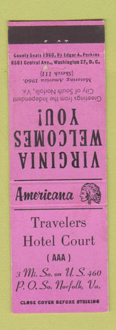 Matchbook Cover - Travelers Hotel Court South Norfolk VA Perkins Americana PINK
