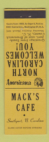 Matchbook Cover - Mack's Cafe Southport NC Perkins Americana YELLOW