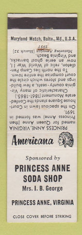 Matchbook Cover - Princess Anne Soda Shop VA Perkins Americana WHITE