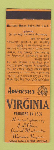 Matchbook Cover - JL Oliver General Store Wicomico VA Perkins Americana ORANGE