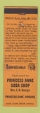 Matchbook Cover - Princess Anne Soda Shop VA Perkins Americana ORANGE