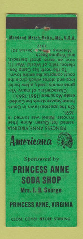 Matchbook Cover - Princess Anne Soda Shop VA Perkins Americana GREEN WEAR