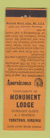 Matchbook Cover - Monument Lodge Yorktown VA Perkins Americana ORANGE