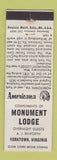 Matchbook Cover - Monument Lodge Yorktown VA Perkins Americana WHITE