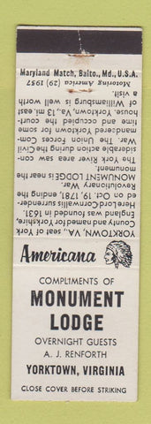 Matchbook Cover - Monument Lodge Yorktown VA Perkins Americana WHITE