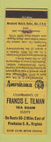 Matchbook Cover Francis Tilman Tea Room Powhatan CH VA Perkins Americana YELLOW