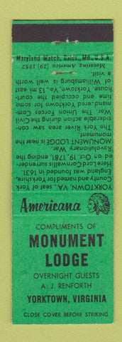 Matchbook Cover - Monument Lodge Yorktown VA Perkins Americana GREEN