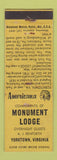 Matchbook Cover - Monument Lodge Yorktown VA Perkins Americana YELLOW