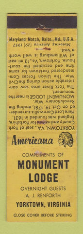 Matchbook Cover - Monument Lodge Yorktown VA Perkins Americana YELLOW