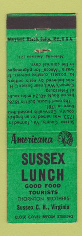 Matchbook Cover - Sussex Lunch Court House VA Perkins Americana GREEN