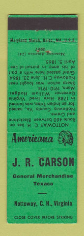 Matchbook Cover JR Carson Texaco oil gas Nottoway CH VA Perkins Americana GREEN