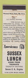 Matchbook Cover - Sussex Lunch Court House VA Perkins Americana WHITE WEAR