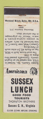 Matchbook Cover - Sussex Lunch Court House VA Perkins Americana WHITE WEAR
