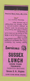 Matchbook Cover - Sussex Lunch Court House VA Perkins Americana PINK