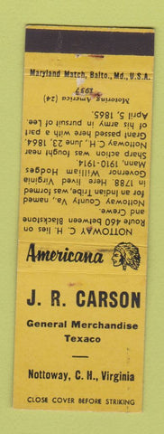 Matchbook Cover JR Carson Texaco oil gas Nottoway CH VA Perkins Americana YELLOW