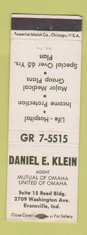 Matchbook Cover - Daniel Klein Insurance Mutual of Omaha Evansville IN