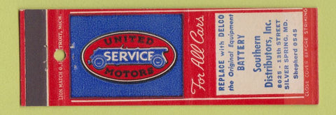 Matchbook Cover - United Motors Service Delco Battery Silver Spring MD