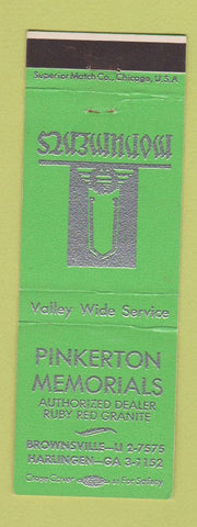 Matchbook Cover - Pinkerton Memorials headstones Brownsville Harlingen TX