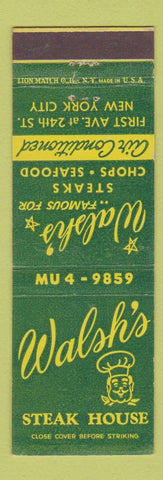 Matchbook Cover - Walsh's Steak House New York City