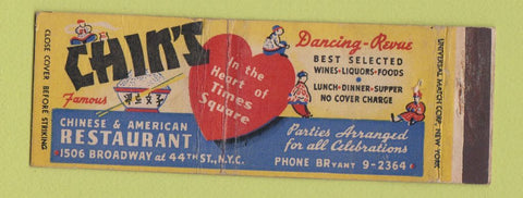 Matchbook Cover - Chin's Chinese Restaurant New York City Full Length