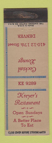 Matchbook Cover - Kreyer's Restaurant Denver Colorado WEAR