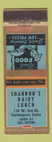 Matchbook Cover - Shannon's Dairy Lunch Davenport IA