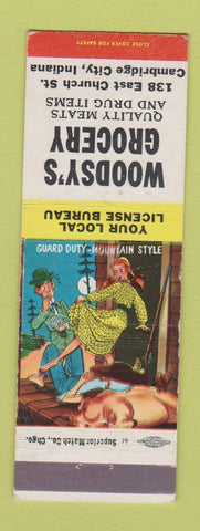 Matchbook Cover - Woodsy's Grocery Cambridge City IN hillbilly
