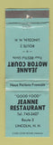 Matchbook Cover - Jeanne Restaurant Motor Court Lincoln NH WORN BLUE
