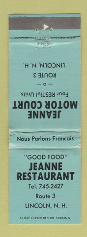 Matchbook Cover - Jeanne Restaurant Motor Court Lincoln NH WORN BLUE
