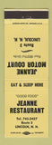 Matchbook Cover - Jeanne Restaurant Motor Court Lincoln NH YELLOW