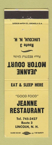 Matchbook Cover - Jeanne Restaurant Motor Court Lincoln NH YELLOW