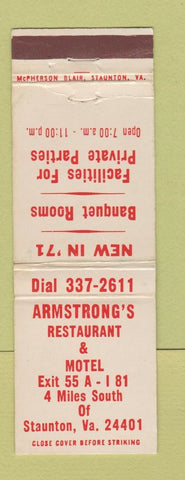 Matchbook Cover - Armstrong's Restaurant Motel Staunton VA WEAR