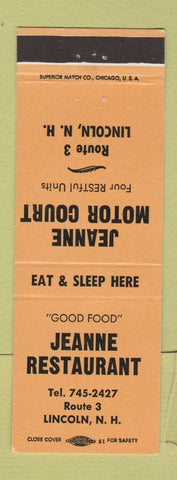 Matchbook Cover - Jeanne Restaurant Motor Court Lincoln NH ORANGE