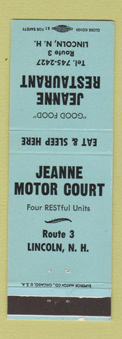 Matchbook Cover - Jeanne Restaurant Motor Court Lincoln NH BLUE