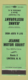 Matchbook Cover - Jeanne Restaurant Motor Court Lincoln NH GREEN