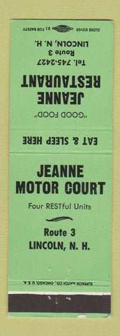 Matchbook Cover - Jeanne Restaurant Motor Court Lincoln NH GREEN