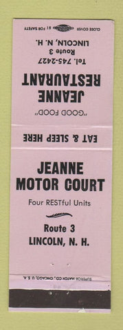Matchbook Cover - Jeanne Restaurant Motor Court Lincoln NH LAVENDER